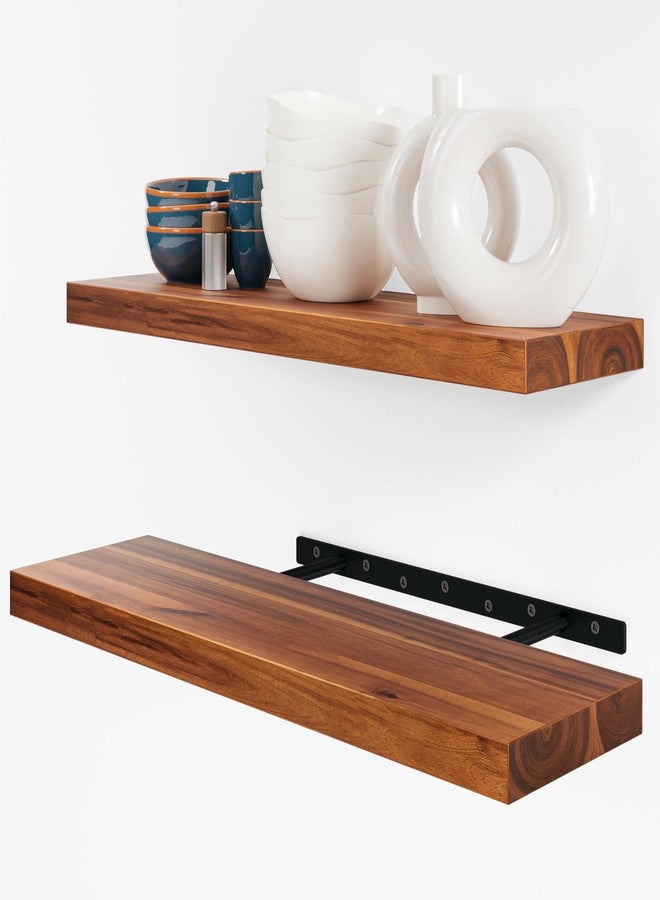 BATODA Set of 2 24" Acacia Wood Floating Shelves Wall Mounted - Rustic Farmhouse Wooden Wall Storage Shelf for Bedroom, Kitchen, Home Décor - Brackets and Shelving Hardware Included - Image 1