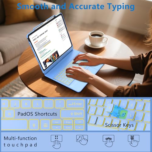 TQQ iPad Air 13 Inch Case Keyboard (M3 2025 / M2 2024), iPad Pro 12.9 (6th, 5th, 4th, 3rd Gen) Keyboard - 360° Rotatable, 7-Color Backlight, Multi-Touch Trackpad, Thin & Light (Blue) - Image 4