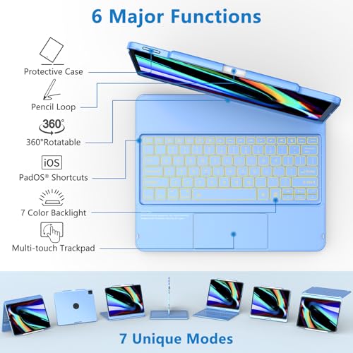TQQ iPad Air 13 Inch Case Keyboard (M3 2025 / M2 2024), iPad Pro 12.9 (6th, 5th, 4th, 3rd Gen) Keyboard - 360° Rotatable, 7-Color Backlight, Multi-Touch Trackpad, Thin & Light (Blue) - Image 3