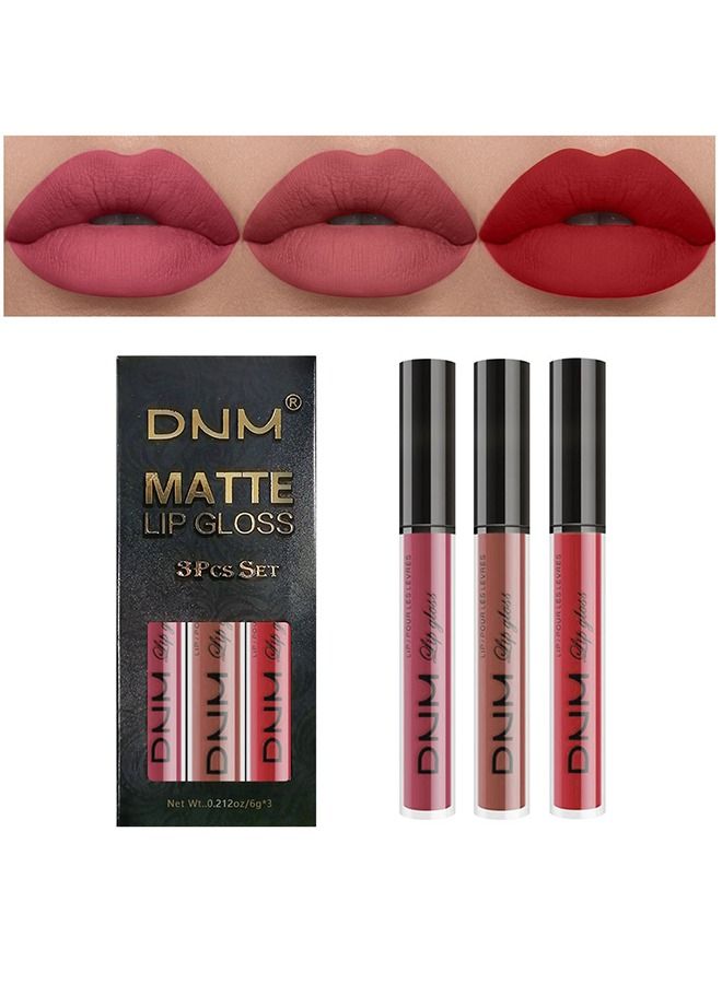 DNM 3Pcs Matte Liquid Lipstick Sets Dark red Purple Rose pink Lipstick Lip Stick Gloss Packs Matte - Image 1