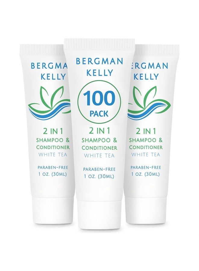 BERGMAN KELLY Travel Size Shampoo & Conditioner 2 in 1 (1 Fl Oz, 100 PK, White Tea), Delight Your Guests with Revitalizing and Refreshing Shampoo Amenities, Quality Small Size Hotel Toiletries in Bulk - Image 1