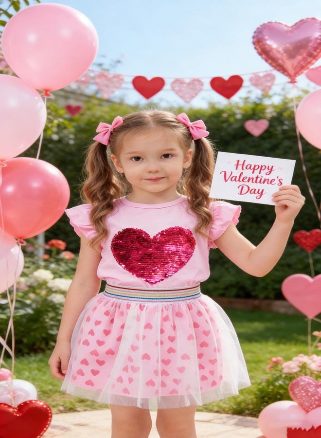 RETSUGO Girls Tulle Skirt Set Two Piece Ruffle Sleeve Unicorn T-Shirt Tutu Dress Summer Birthday Party Outfit 2-10 Years, Heart Print/Pink, 7-8 Years - Image 2