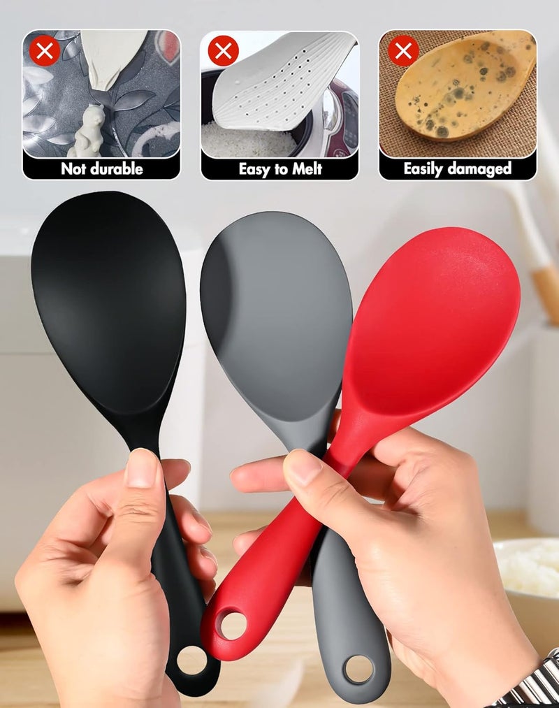 FireKylin 2 Pcs Silicone Rice Paddle,Non Stick Rice Spoon Scooper Spatula,Heat Resistant Rice Cooker Spoon(Black) - Image 3