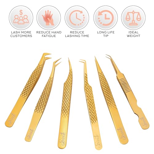 SIVOTE Eyelash Extension Tweezers Fiber Tips Japanese Steel, Set of 6 – Curved, Dolphin, 90° 45° Volume Boot & Slight Curved Tweezer – Professional Lash Tweezers for Lash Extensions Gold - Image 3