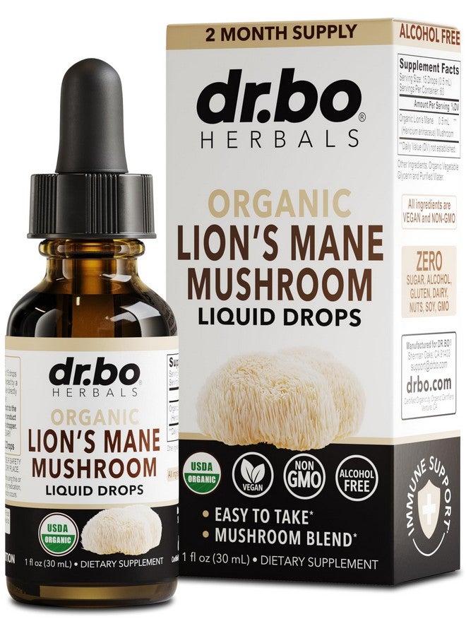dr.bo Lions Mane Mushroom Supplement Drops - Organic Lion's Mane Mushroom Liquid Tincture for Focus, Fog Brain Health Supplements - Vegan Herbal Nervine Nootropic Organic Lions Liquid Supplement Extract 1oz - Image 1