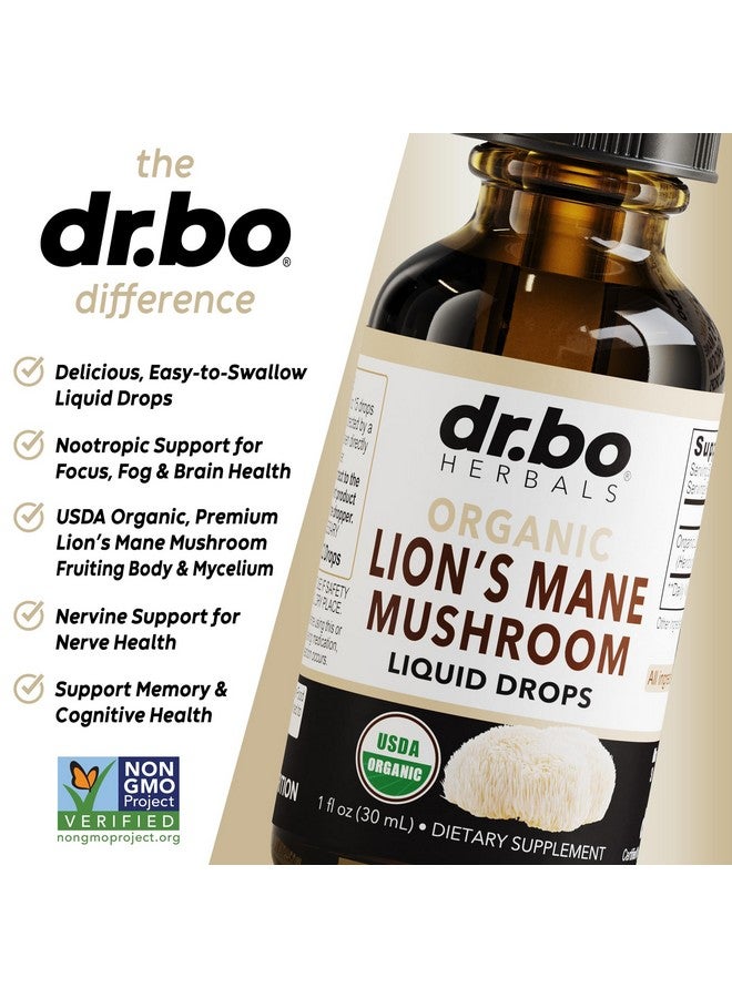 dr.bo Lions Mane Mushroom Supplement Drops - Organic Lion's Mane Mushroom Liquid Tincture for Focus, Fog Brain Health Supplements - Vegan Herbal Nervine Nootropic Organic Lions Liquid Supplement Extract 1oz - Image 4