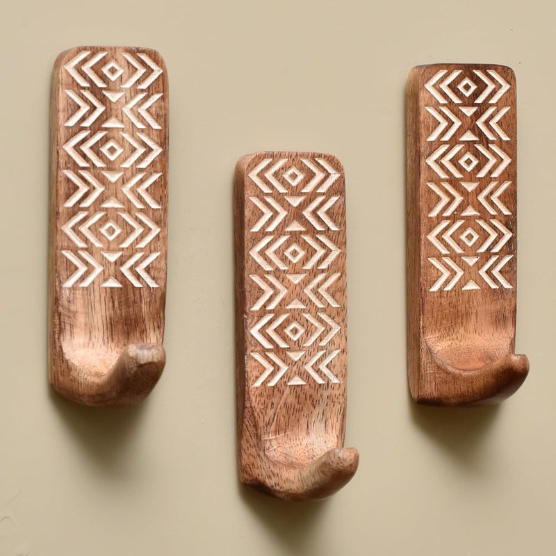 Indian-Shelf 3 Pieces Adhesive Wooden Hooks - Decorative Vintage Boho Wall Hooks - Damage Free Sticking Hooks for Wall - Image 1