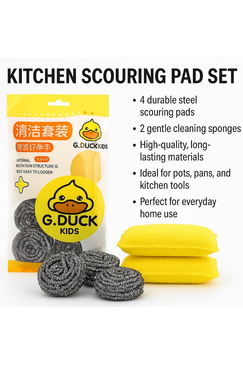 جي داك طقم ليف مطبخ – 4 ليف معدني لإزالة الدهون الصعبة + 2 إسفنجة للتنظيف – طقم غسيل الأواني والمقالي وأدوات المطبخ - Image 2