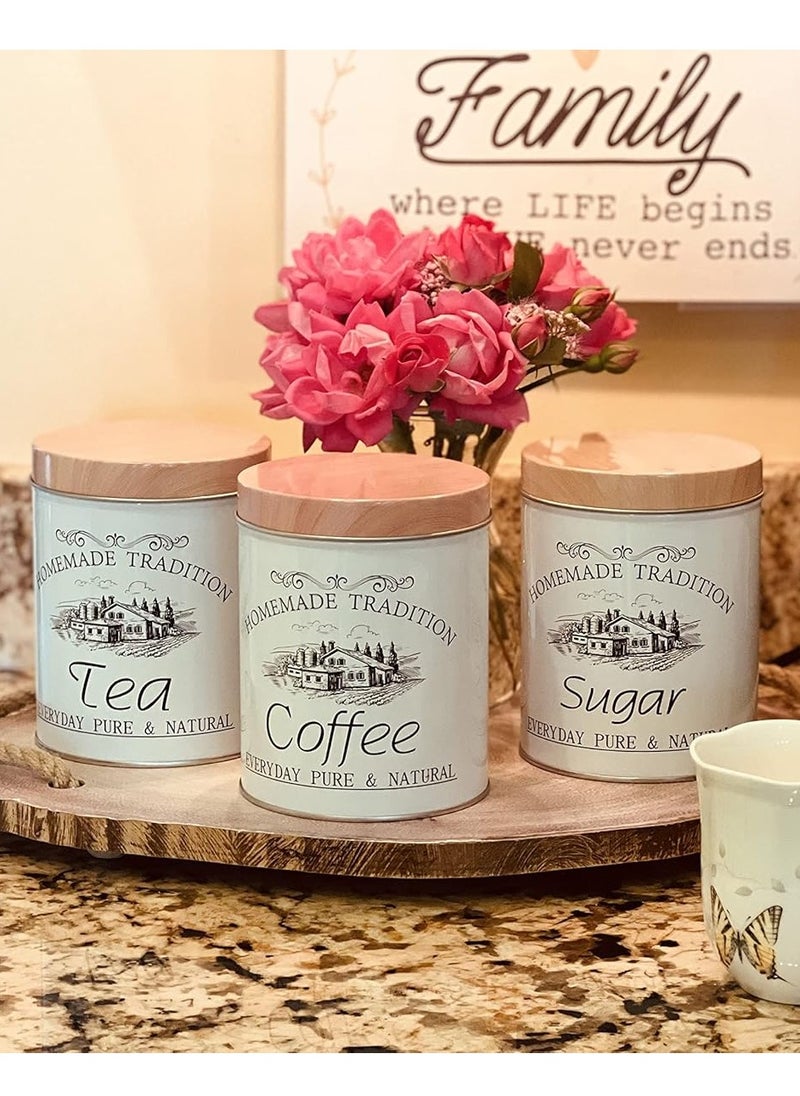 Generic White Shades Tea, Coffee & Sugar Jars with Dark Wood Shades for Kitchen, Set of 3. The new generation of vintage French country house decor.  - Image 1
