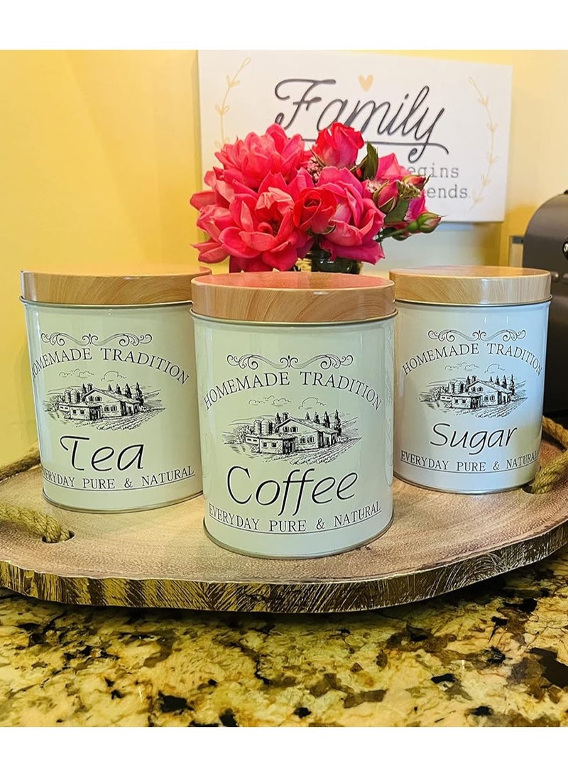 Generic White Shades Tea, Coffee & Sugar Jars with Dark Wood Shades for Kitchen, Set of 3. The new generation of vintage French country house decor.  - Image 2