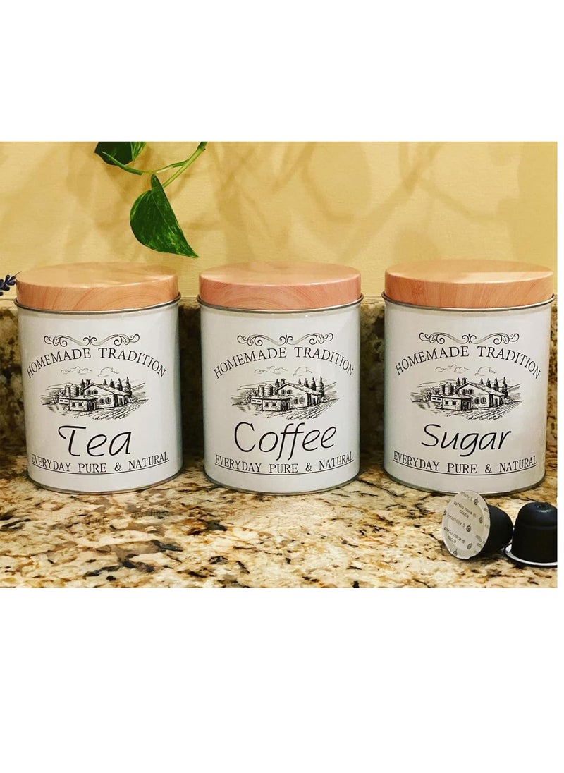 Generic White Shades Tea, Coffee & Sugar Jars with Dark Wood Shades for Kitchen, Set of 3. The new generation of vintage French country house decor.  - Image 3
