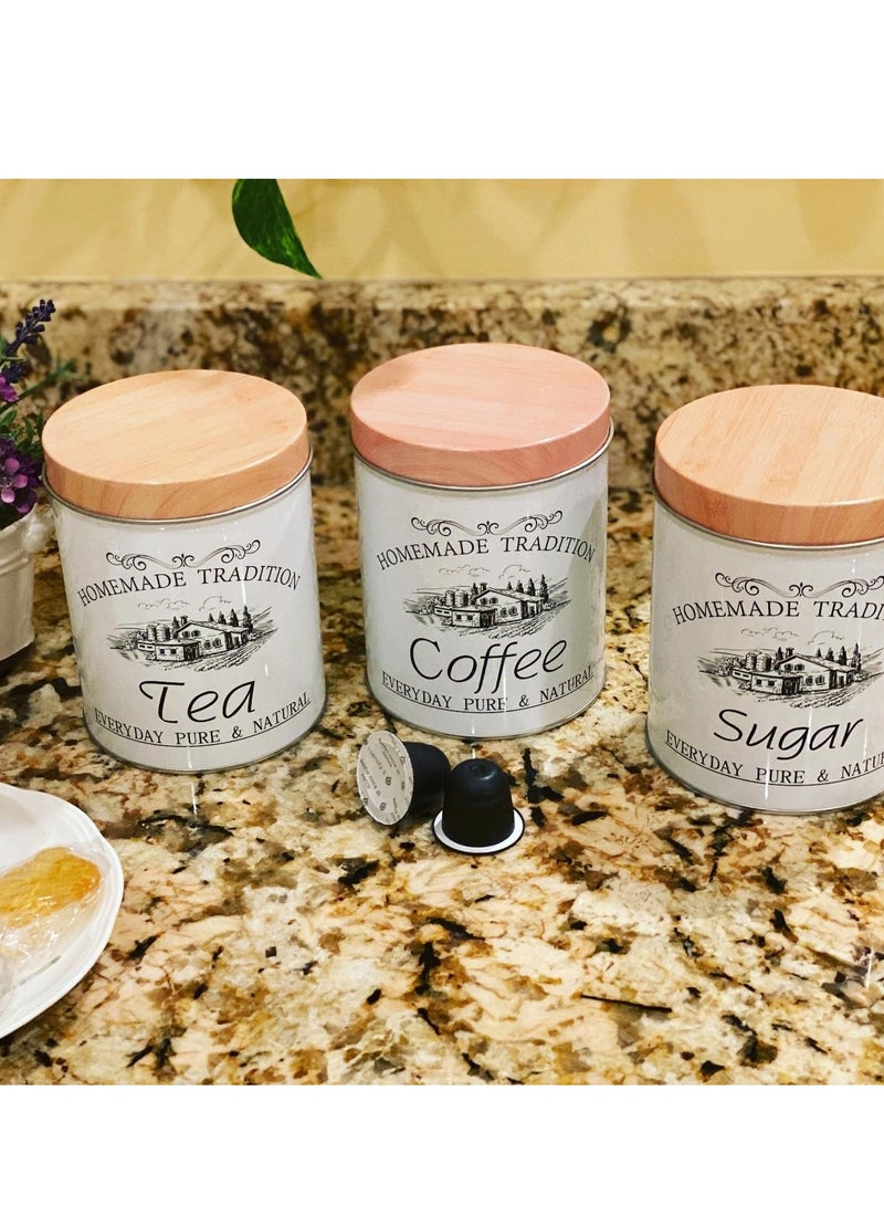 White Shades Tea, Coffee & Sugar Jars with Dark Wood Shades for Kitchen, Set of 3. The new generation of vintage French country house decor.