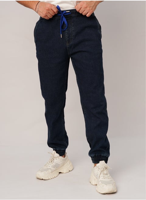 Men’s Drawstring Ankle Cuff Elastic Denim Pant in Dark Blue