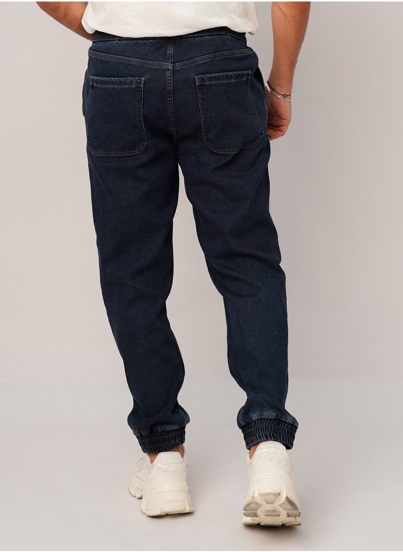 Men’s Drawstring Ankle Cuff Elastic Denim Pant in Dark Blue