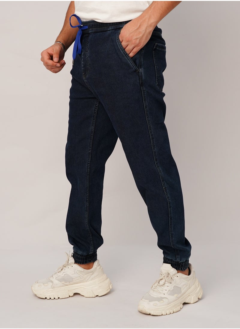 Men’s Drawstring Ankle Cuff Elastic Denim Pant in Dark Blue