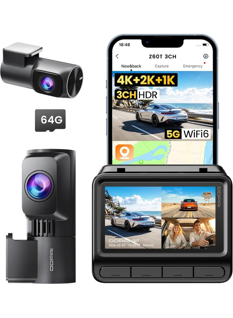 DDPAI Z60T 3-Channel Dash Cam for Cars, 4K Front 2K Inside 1080P Rear HDR, 64GB Card, 3" IPS, 5G WiFi6, GPS - Image 1