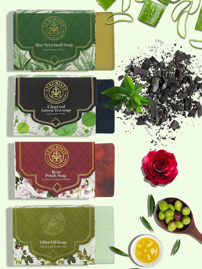 LUXURIATE Combo of Aloe Vera Basil Charcoal Green Tea Rose Soap 125gm Pack of 4 Luxury Premium Soap Natural Soap Handmade Organic Soap - Image 1