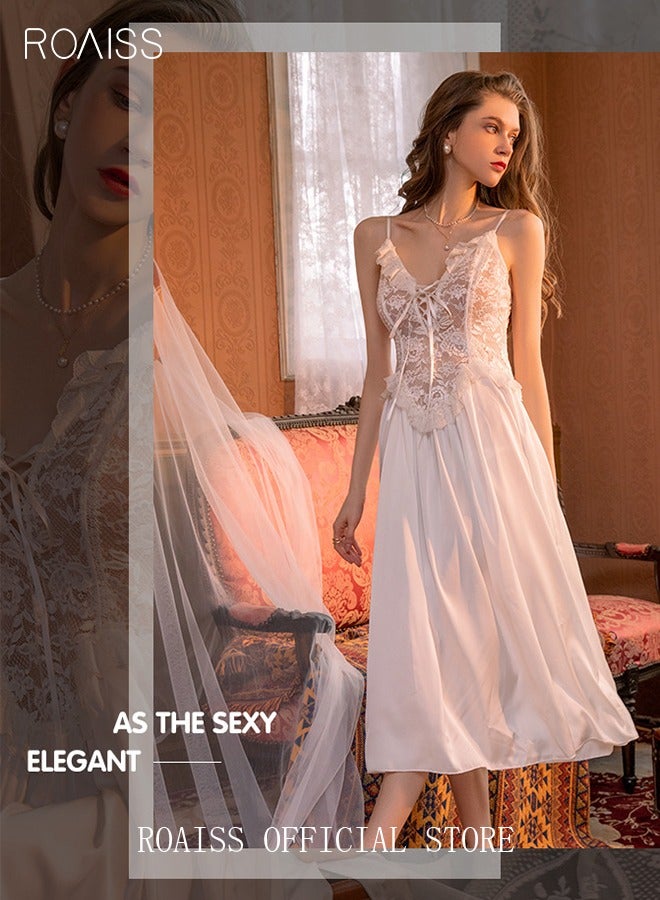 roaiss Lace Satin Homewear Women's Sling Sleepwear Sweet Nightwear Hollowed Lace Long Nightdress Luxurious Embroidered Nightgown Female Summer White 