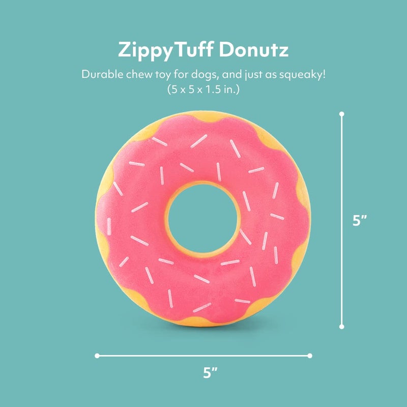 ZippyPaws ZippyTuff Dog Chew Toy - Durable Rubber Chew Ring Toy, Puppy Teething Toys, Tough & Squeaky Toys for Small, Medium, & Large Dogs, Flexible TPR Material - Strawberry Donut - Image 2