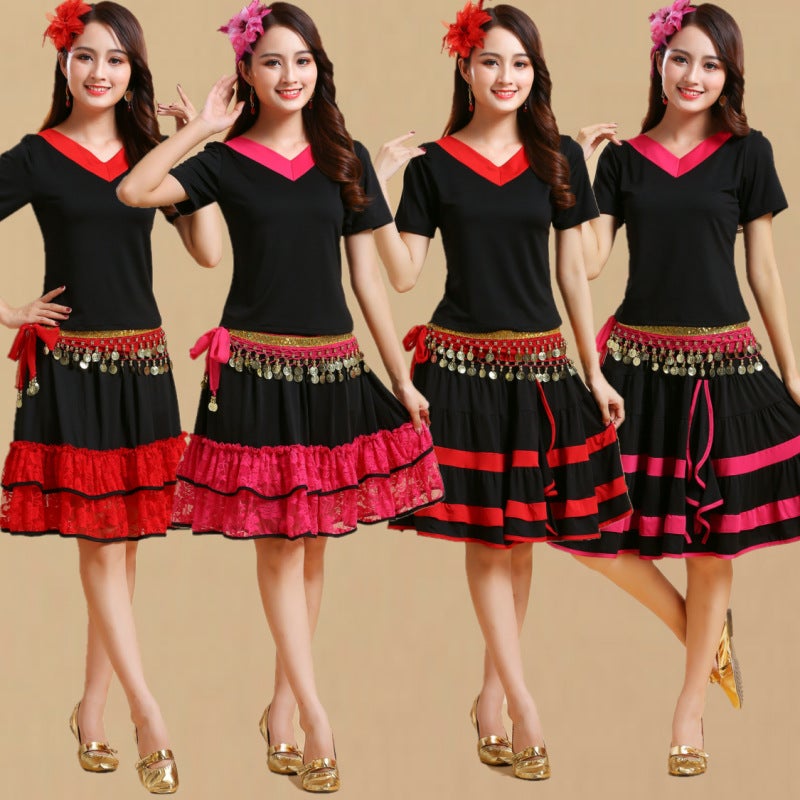 Square Dance Costume New Yangko Dance Costume Folk Dance Costume V-Neck Long Sleeve Short Sleeve Top Skirt Suit - Image 2