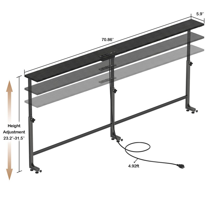 Faesun 70.9 Inch Behind Couch Table, 24"-32" Adjustable Height Range, Behind The Couch Table with Outlet, Adjustable Console Table, Narrow Long Sofa Table, for Living Room, Black - Image 5
