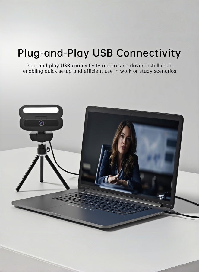 ZetRA Autofocus Webcam with Microphone & Privacy Cover, USB/Type-C Plug & Play Webcam with Tripod & 3-Level Fill Light for Zoom Meetings, Streaming, Remote Work & Online Classes - Image 2