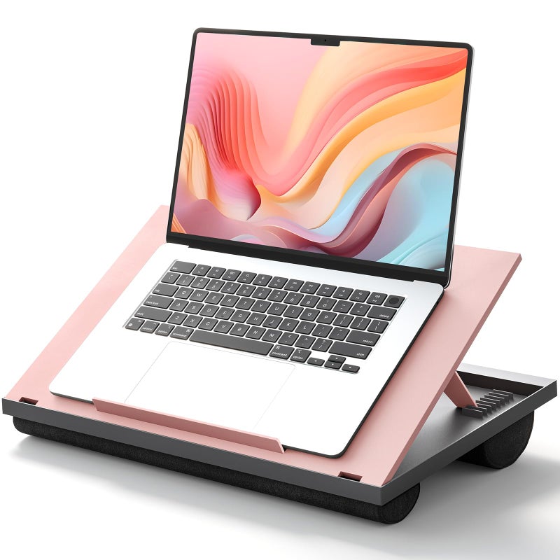Adjustable Lap Desk  with 8 Adjustable Angles  Dual Cushions Laptop Stand for Car Laptop Desk Work Table Lap Writing Board  Drawing Desk on Sofa or Bed by HUANUO Pink
