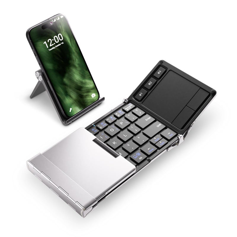 iClever Foldable Keyboard BK08 Foldable Bluetooth Keyboard with Touchpad Aluminum Build USBC Charge Equipped with Stand Holder and Carrying Bag Portable for Laptop iPad iPhone Silver - Image 2