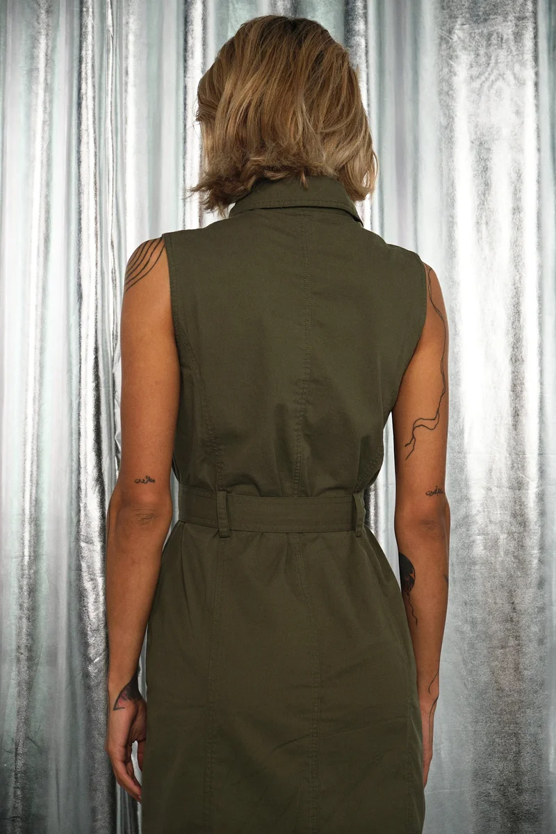 Virgio olive green Solid Cotton Front Open Twill Dress With Belt for Women for Women | Best Price UAE