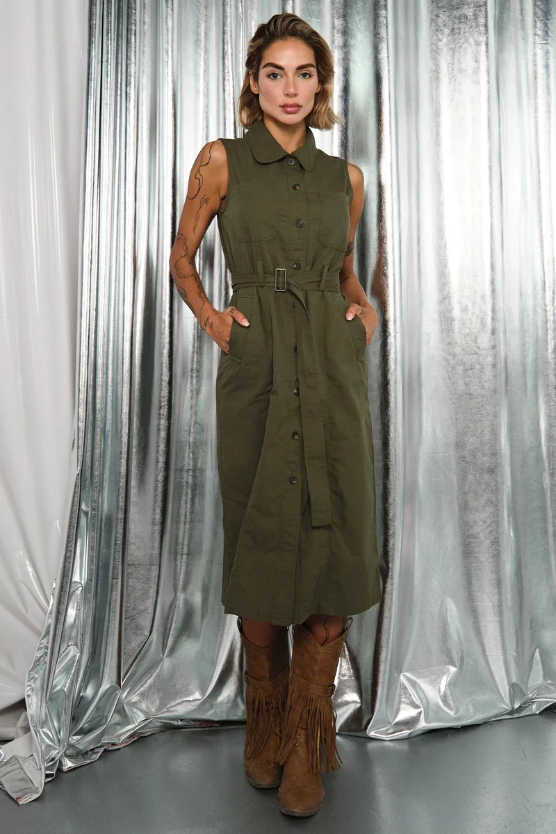 Solid Cotton Front Open Twill Dress With Belt for Women