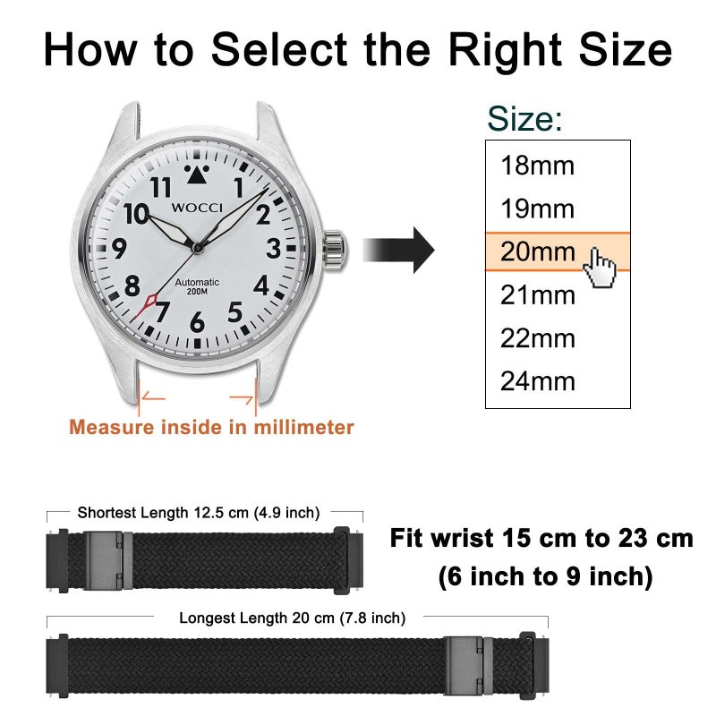 WOCCI 19mm Braided Nylon Watch Band for Men and Women, Quick Release, Black Stainless Steel Buckle (Black) - Image 4