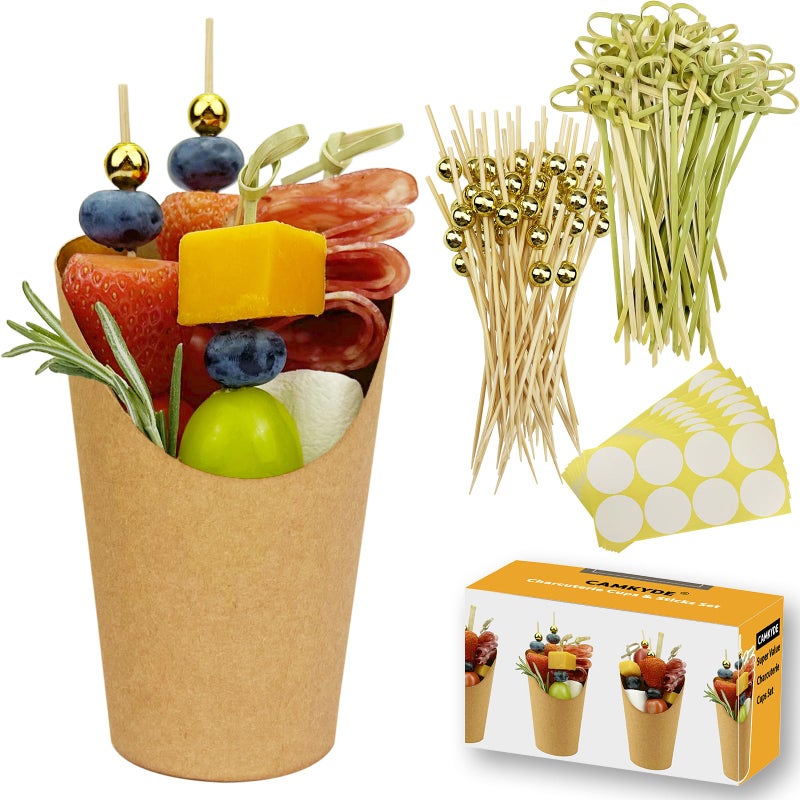 CAMKYDE 50 Charcuterie Cups  200 Cocktail Picks  56 Labels 12 oz Disposable Charcuterie Cups with Sticks 2 Types French Fry Cup Brown Paper Appetizer Cup for all Occasions