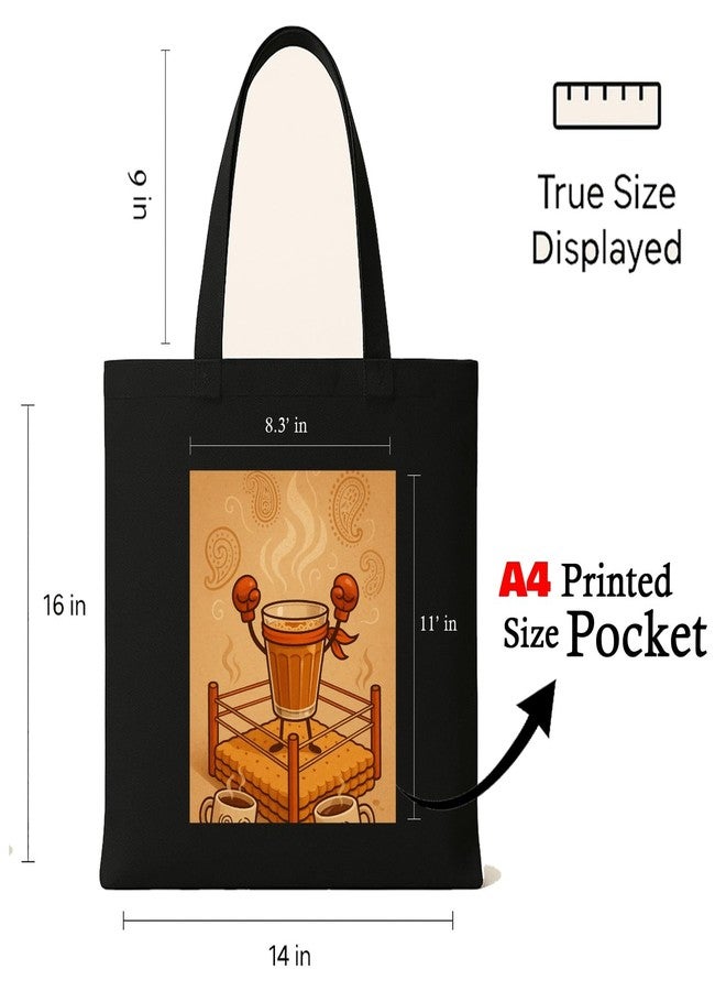 Megrok Chai Champion Victory Art Tote Bag for Women | Front A4 Size Printed Pocket | 16x14 Inch Stylish Cotton Bag | Tea Lover's Reusable Shopper with Secure Zipper - Image 4
