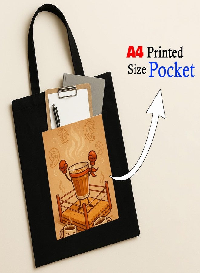 Megrok Chai Champion Victory Art Tote Bag for Women | Front A4 Size Printed Pocket | 16x14 Inch Stylish Cotton Bag | Tea Lover's Reusable Shopper with Secure Zipper - Image 5
