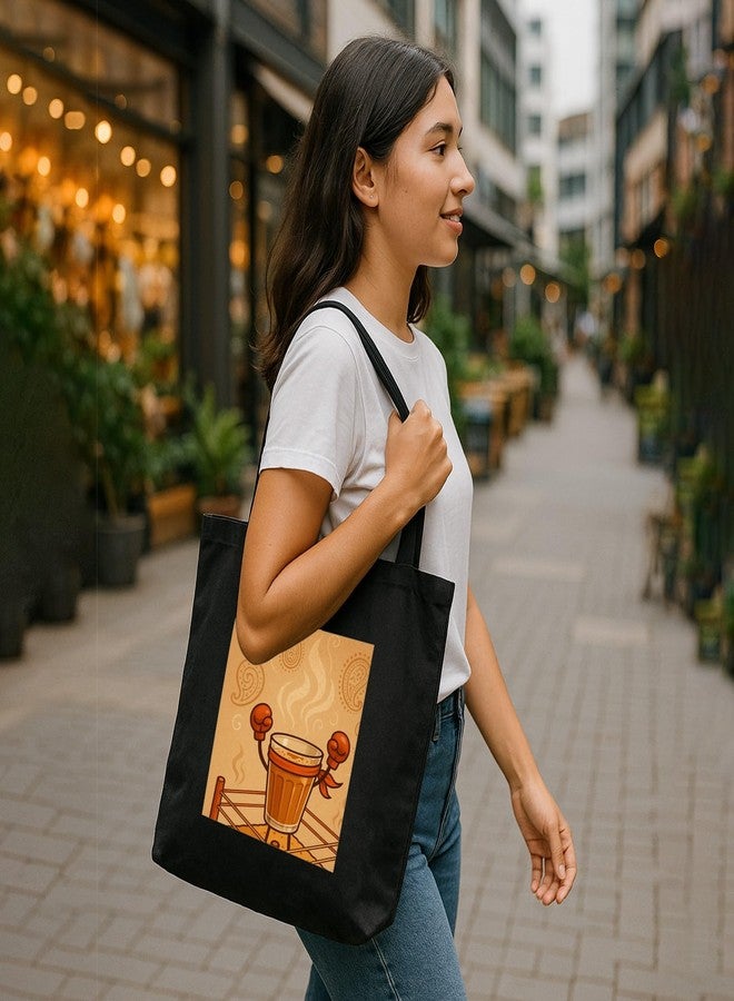 Megrok Chai Champion Victory Art Tote Bag for Women | Front A4 Size Printed Pocket | 16x14 Inch Stylish Cotton Bag | Tea Lover's Reusable Shopper with Secure Zipper - Image 2