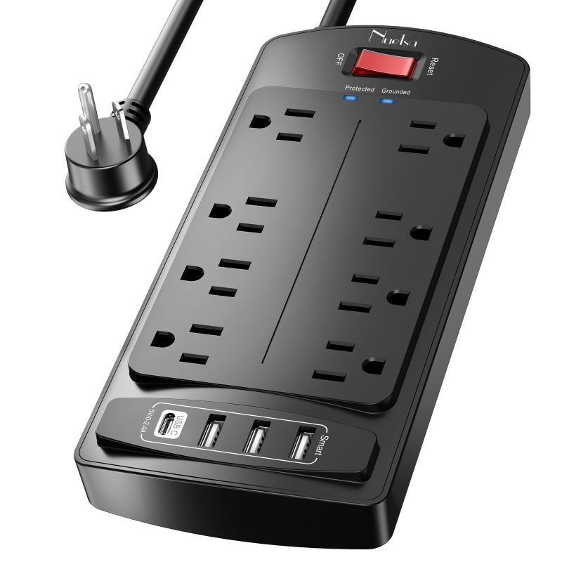 Nuetsa 10 Feet Surge Protector Power Strip - Nuetsa Extension Cord(1625W/13A) with 8 Outlets and 4 USB Ports, Flat Plug, 2700 Joules, for Home, School, College Dorm Room, and Office, ETL Listed, Black - Image 1