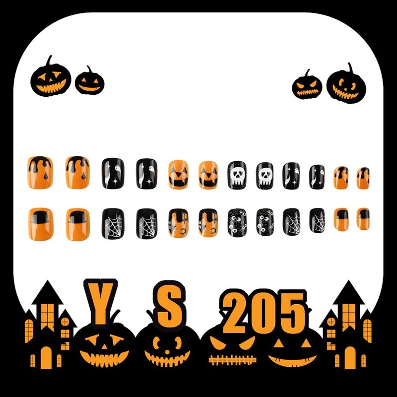 WULIUFLY Modern warehouse management Halloween Short Fake Nails: Square Glitter Acrylic Nails - Pumpkin Cobweb Ghost Designs, Orange Press Ons for Women's Manicure Decorations Room to room portable - Image 5