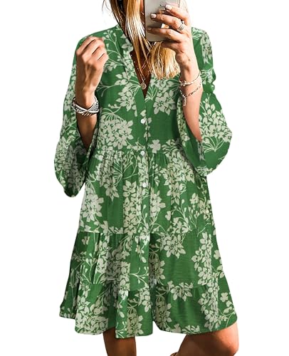 SELINK Womens Long Sleeve Dresses Casual V Neck Tribal Print Button Flowy Boho Mini Beach Dress Green Floral-L - Image 3