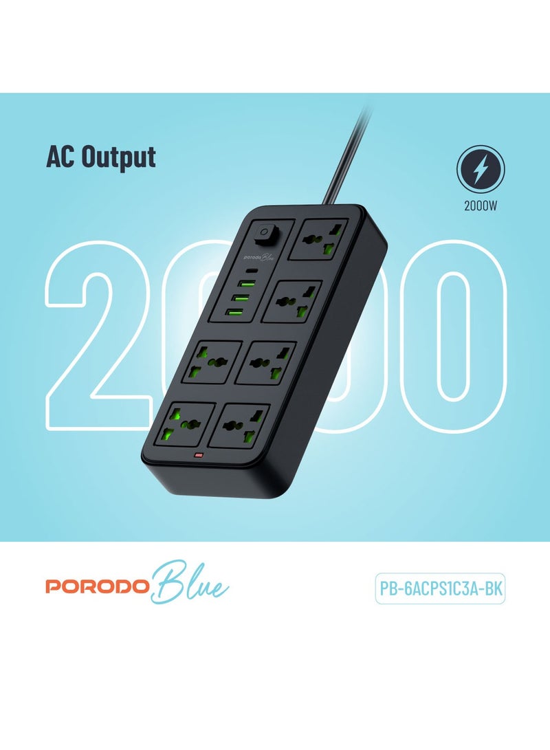 بورودو شريط طاقة عالمي به 6 مقابس تيار متردد مع منفذ Type-C / 3 منافذ USB-A بالمملكة المتحدة / بطول كابل 3 أمتار  - أسود - Image 2