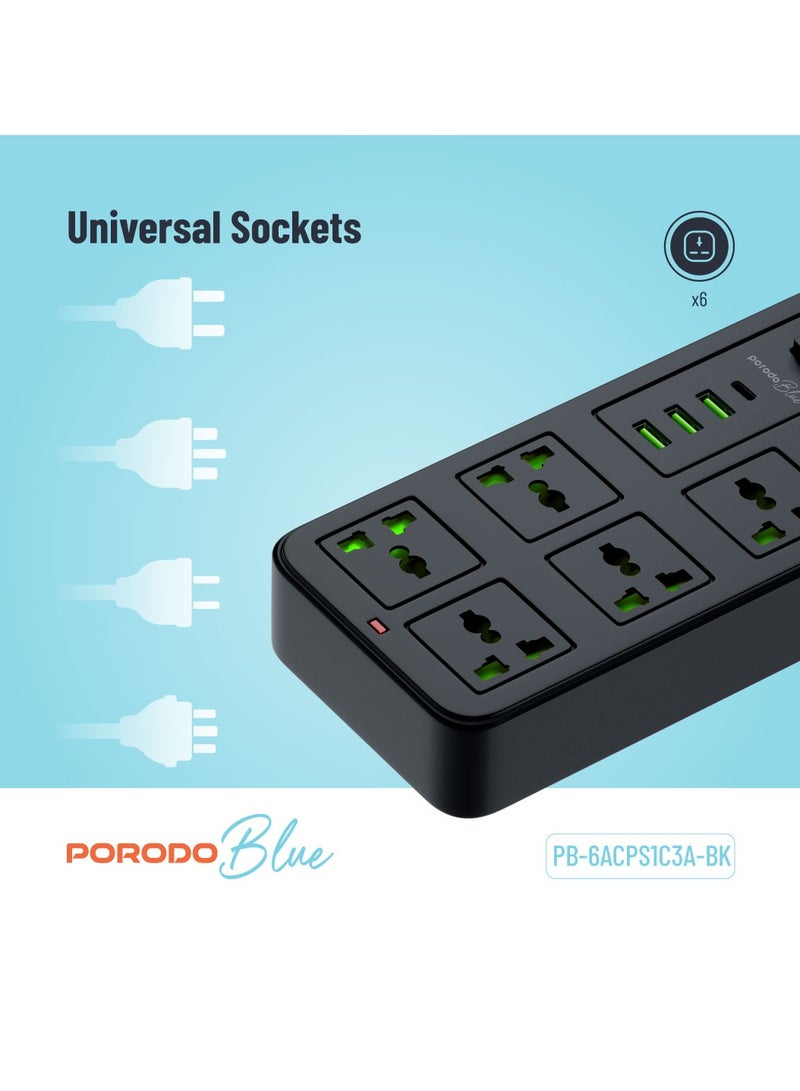 بورودو شريط طاقة عالمي به 6 مقابس تيار متردد مع منفذ Type-C / 3 منافذ USB-A بالمملكة المتحدة / بطول كابل 3 أمتار  - أسود - Image 3