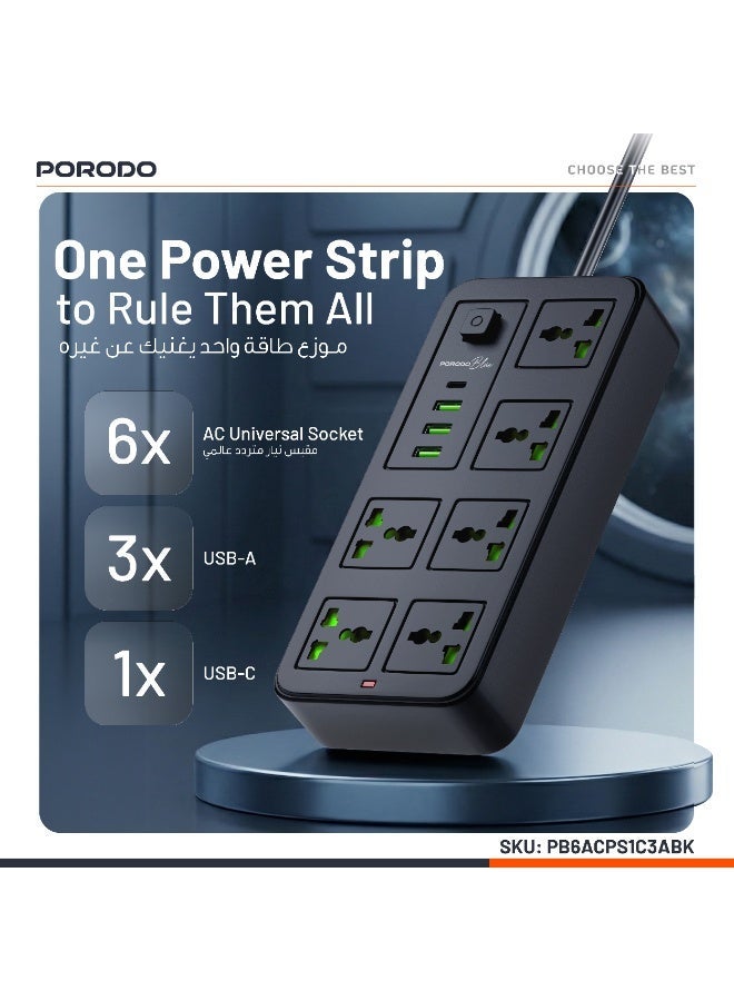 porodo 6 AC Universal Sockets Surge Protector Power Strip with Type-C and 3 USB-A UK  2000W AC output/ 3m Cable Length - Black - Image 4
