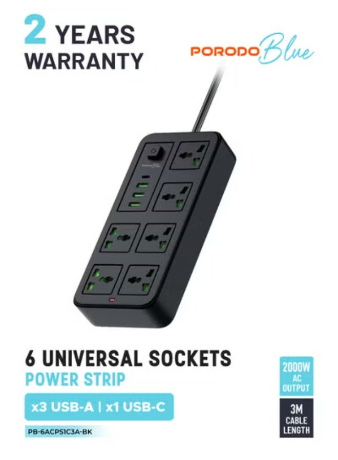 porodo 6 AC Universal Sockets Surge Protector Power Strip with Type-C and 3 USB-A UK  2000W AC output/ 3m Cable Length - Black - Image 2