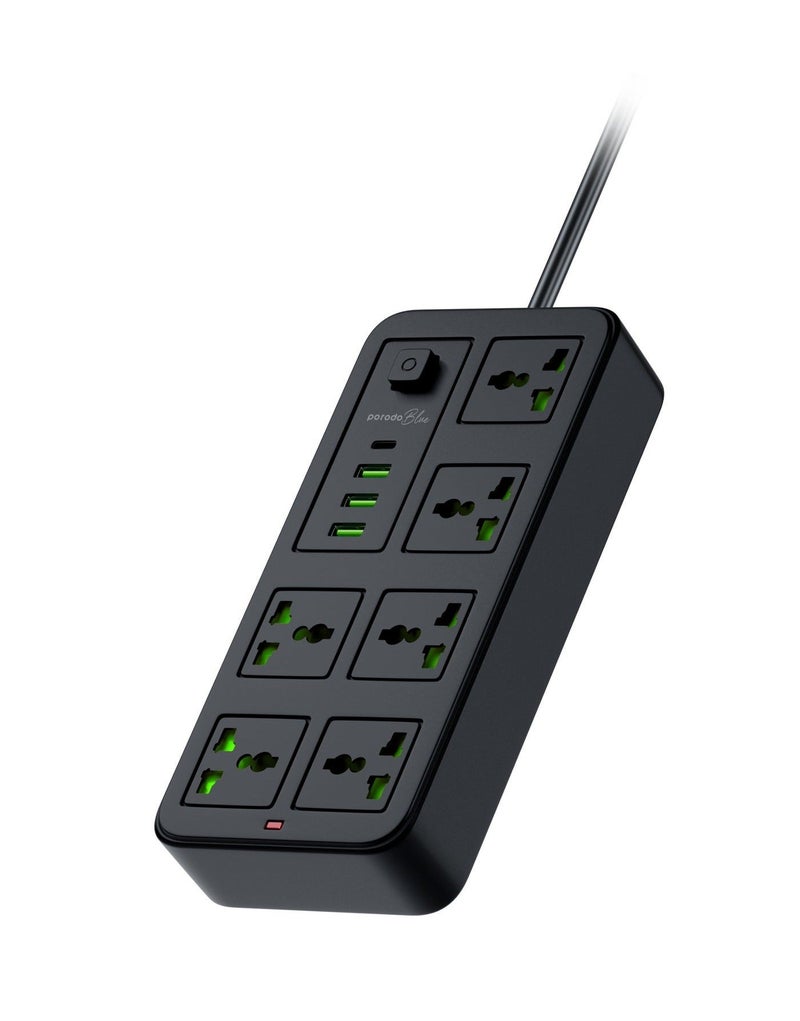porodo 6 AC Universal Sockets Surge Protector Power Strip with Type-C and 3 USB-A UK  2000W AC output/ 3m Cable Length - Black - Image 1
