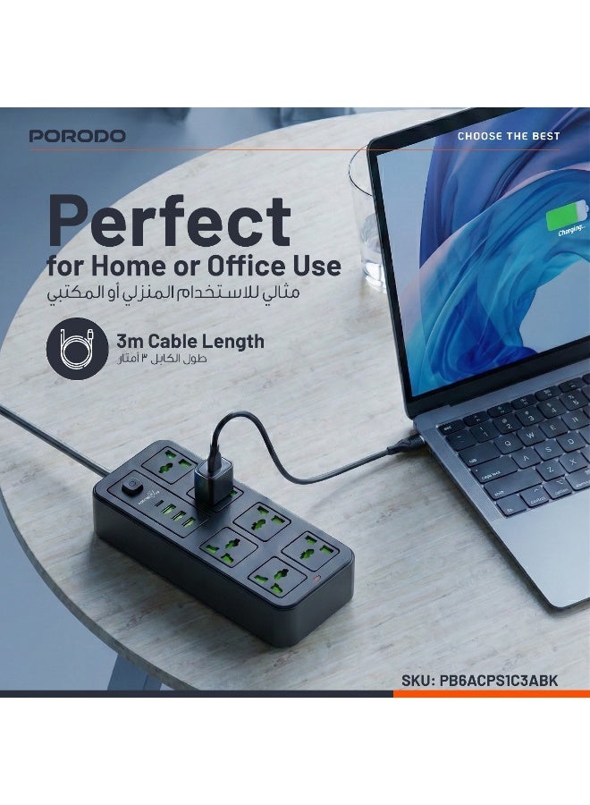 porodo 6 AC Universal Sockets Surge Protector Power Strip with Type-C and 3 USB-A UK  2000W AC output/ 3m Cable Length - Black - Image 3