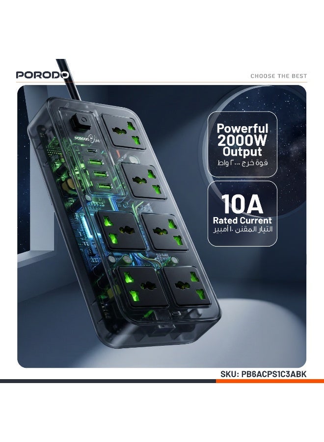 porodo 6 AC Universal Sockets Surge Protector Power Strip with Type-C and 3 USB-A UK  2000W AC output/ 3m Cable Length - Black - Image 5