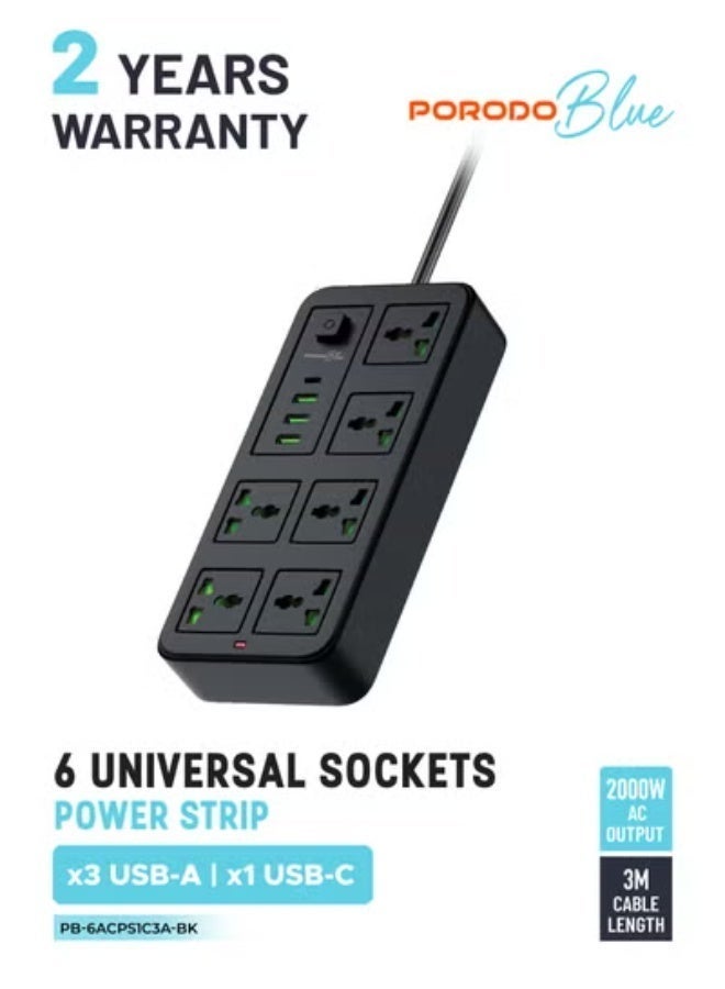 بورودو شريط طاقة عالمي به 6 مقابس تيار متردد مع منفذ Type-C / 3 منافذ USB-A بالمملكة المتحدة / بطول كابل 3 أمتار  - أسود - Image 5