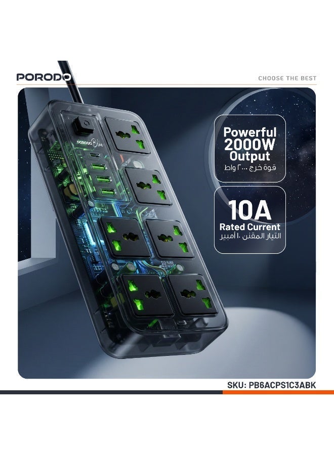 بورودو شريط طاقة عالمي به 6 مقابس تيار متردد مع منفذ Type-C / 3 منافذ USB-A بالمملكة المتحدة / بطول كابل 3 أمتار  - أسود - Image 4