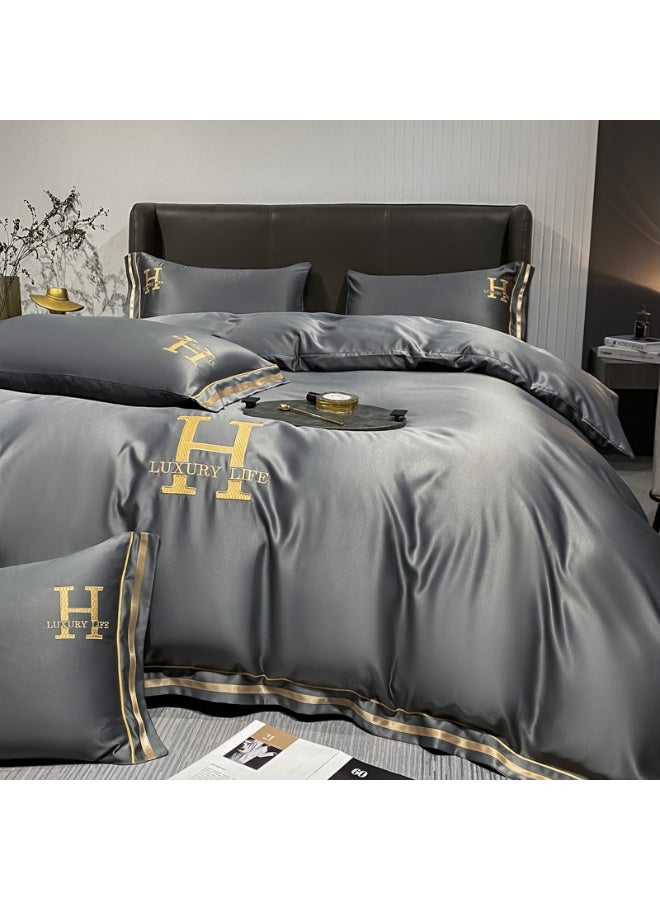 AUTOYSUR Satin Bed Sheets Soft 4PCS Sheet Set Cooling Silk Bedding Set with Deep Pocket Fitted Sheet Quilt Cover and Pillowcase (Dark Grey)