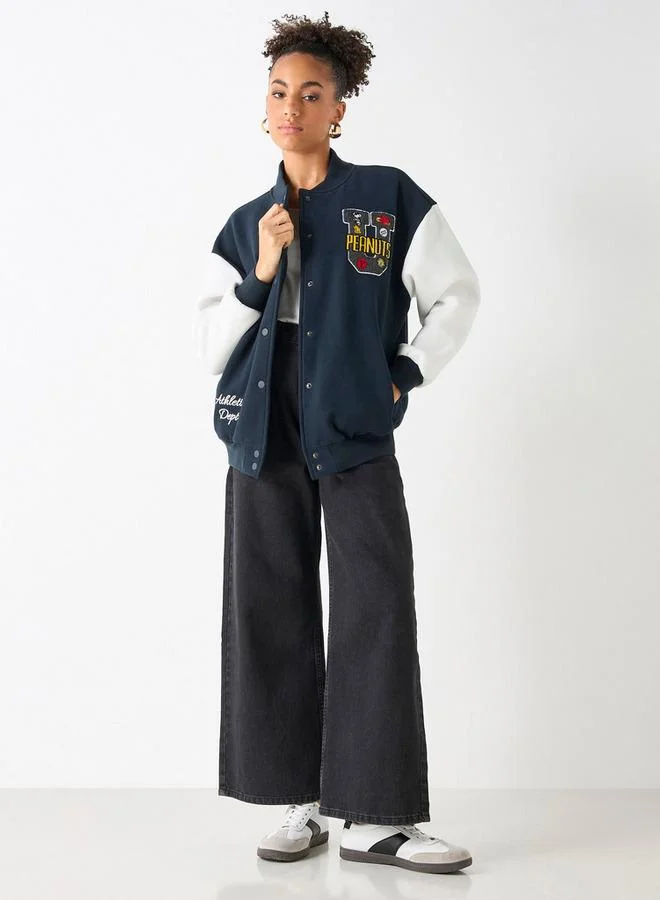 SP Characters Peanuts Print Varsity Jacket with Snap Button Closure