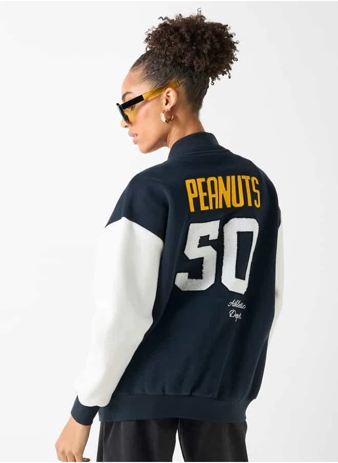 SP Characters Peanuts Print Varsity Jacket with Snap Button Closure